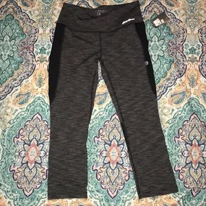 Capri yoga pants w sheer back leg panel